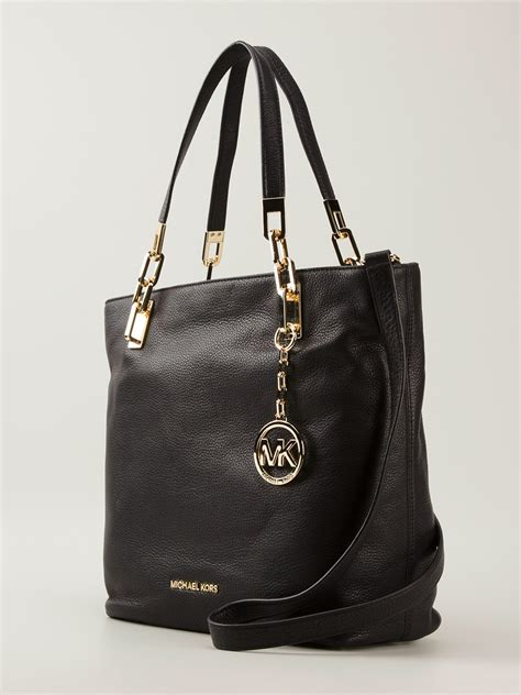 black michael kors 2012 shoulder bag tan straps|Michael Kors black tote handbag.